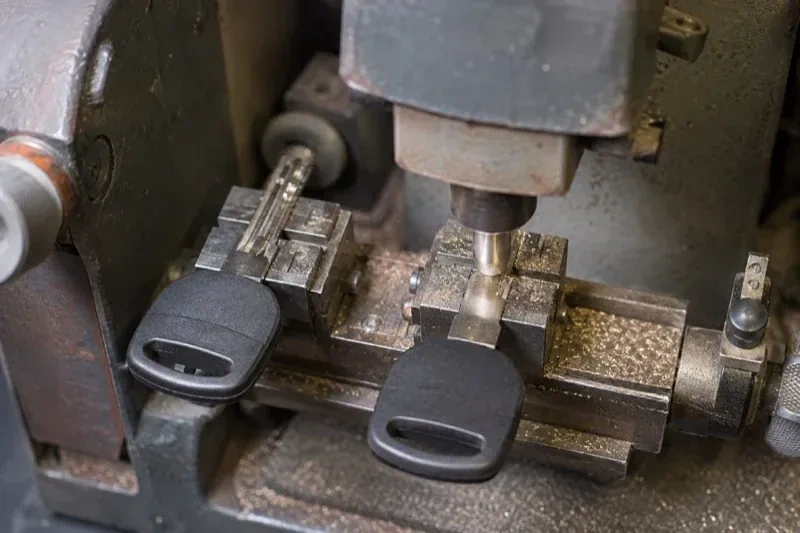 Two black-headed keys clamped in a bench machine, one beneath a vertical cutter, with metal shavings around the clamps. — Spare Car Key Duplication, Georgina