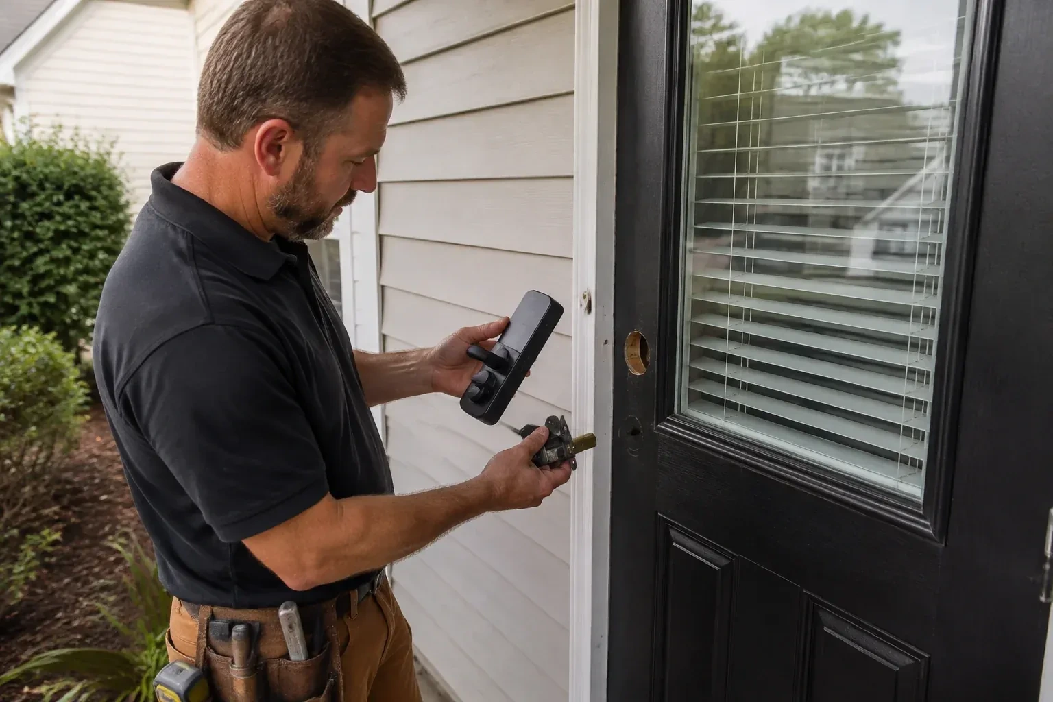 Person holding a black door-handle assembly and a latch beside a glazed door with exposed lock openings. — Smart Lock Installation, Georgina