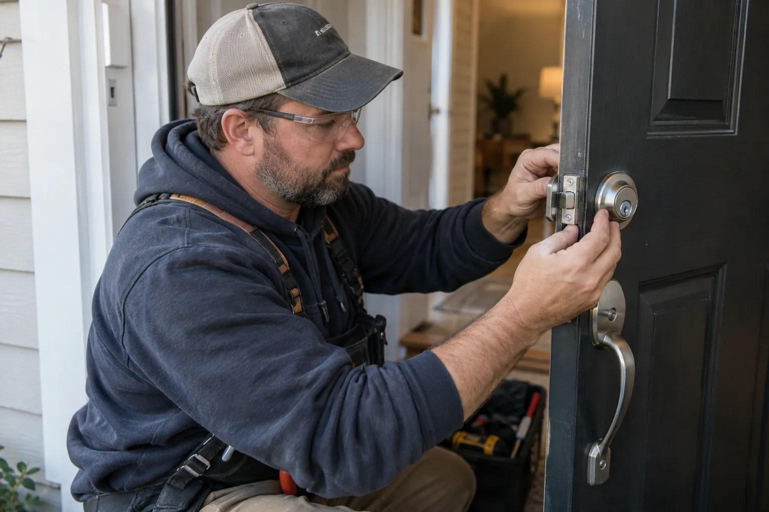 Technician in a cap and glasses holding a steel latch plate at the edge of a black door beside a deadbolt.