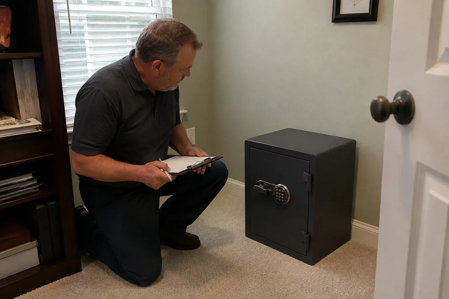 Person holding a clipboard beside a closed black safe with a circular keypad in a carpeted room. — Safe Installation & Servicing, Georgina