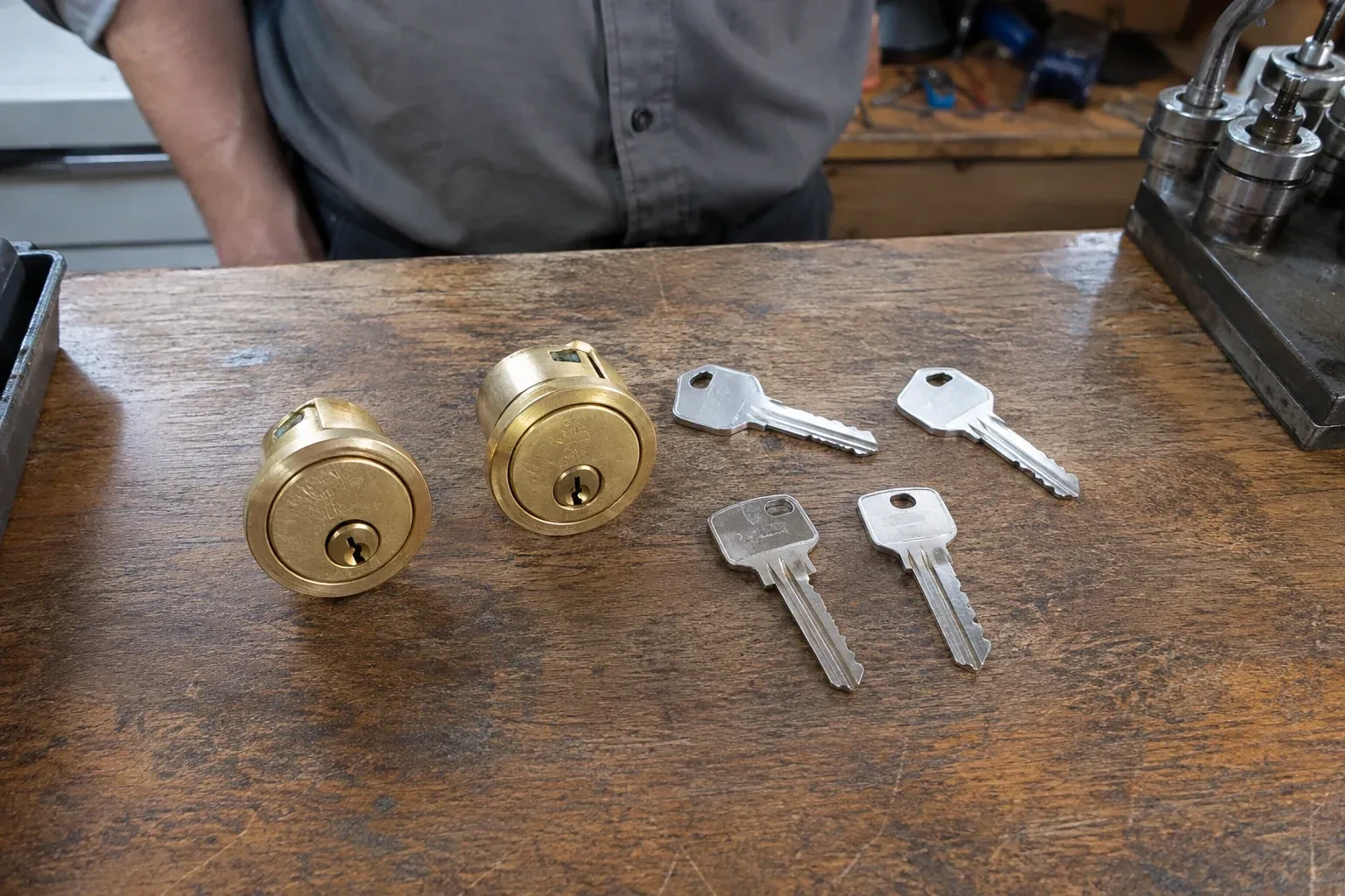 Two detached brass lock cylinders and four house keys on a wooden counter. — Lock Rekeying, Georgina