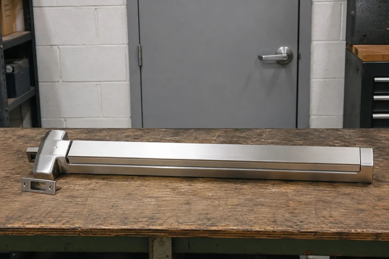 Detached horizontal exit device and separate strike component on a workshop bench. — Panic & Exit Hardware, Georgina