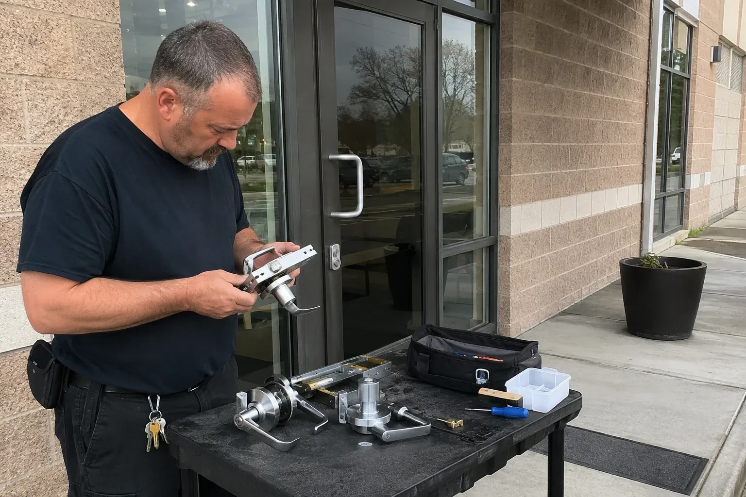 Person holding a door-handle and latch assembly at a worktable outside a glass entrance, with additional handles and tools laid out. — Commercial Rekeying, Georgina