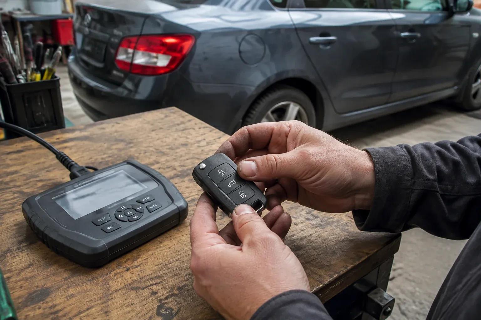Hands holding a black car key fob above a workbench, beside a wired handheld device with a screen. — Car Key Replacement, Georgina
