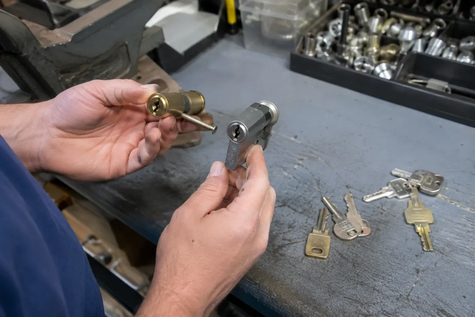 Hands comparing detached lock cylinders beside loose keys on a workbench. — Broken Key Extraction, Georgina