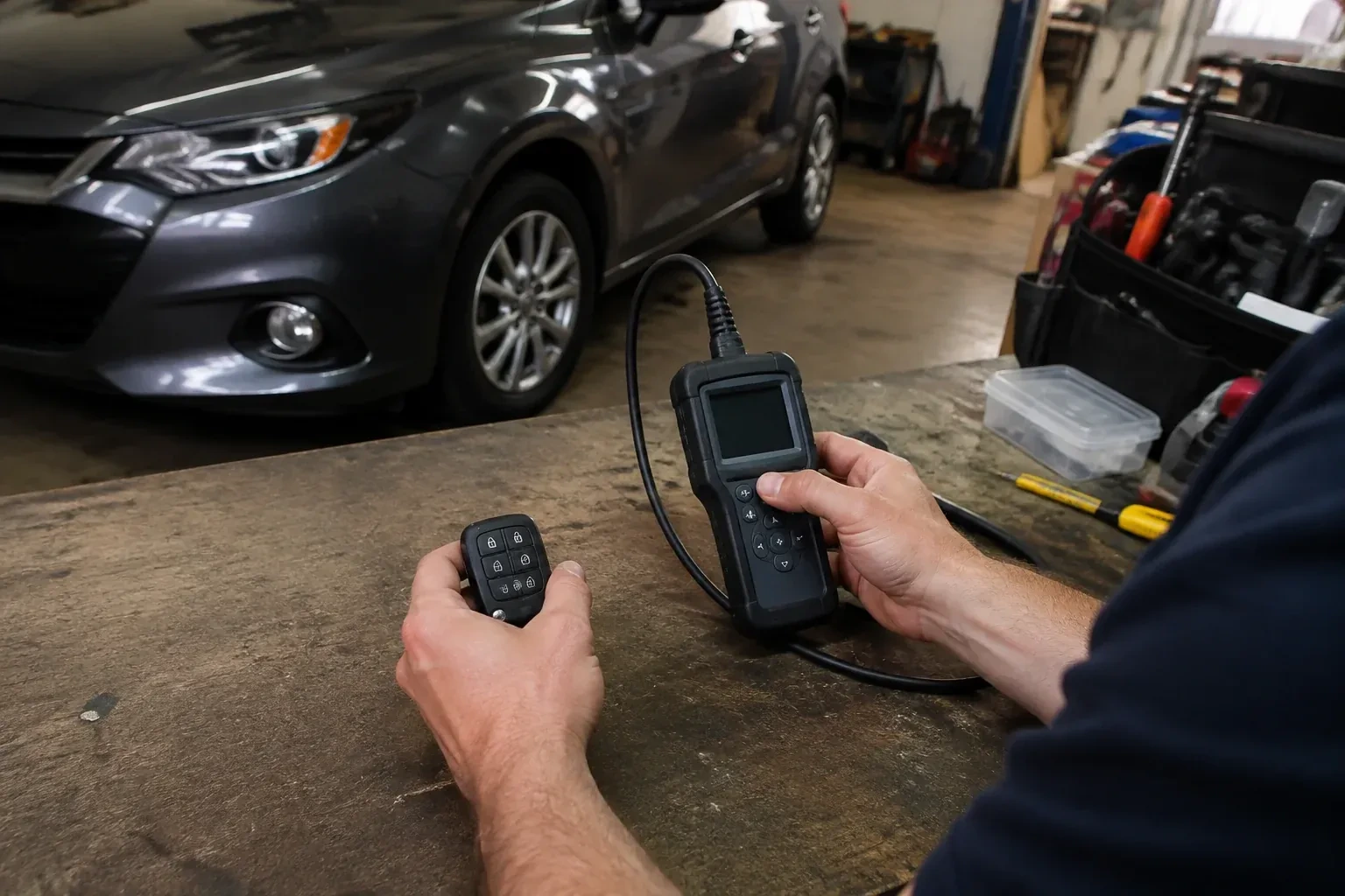 Hands holding a car-key fob and a small wired electronic device above a workbench in a garage with a parked car. — Key Fob Programming, Georgina