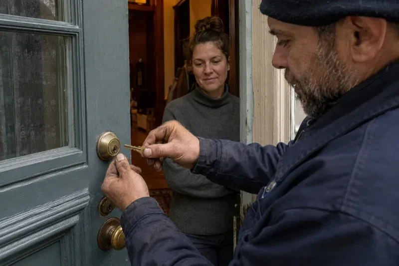 Person holding a key beside a brass-colored deadbolt on an open painted door while another person watches from inside. — Home Lockout Service, Georgina