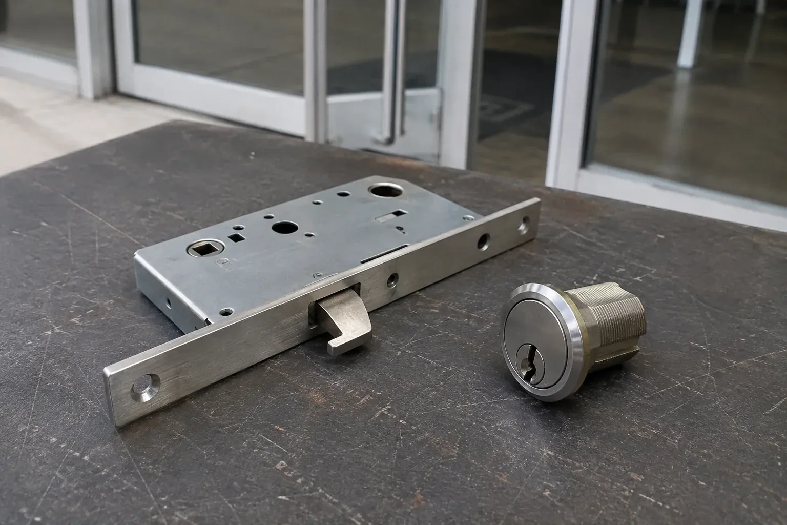 Detached mortise lock body with a projecting hook-shaped bolt beside a threaded cylinder. — Commercial-Grade Lock Replacement, Georgina