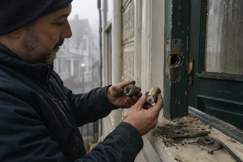 Person holding two lock cylinders beside an open painted door, with loose hardware and debris on the sill. — Seized & Jammed Lock Opening, Georgina