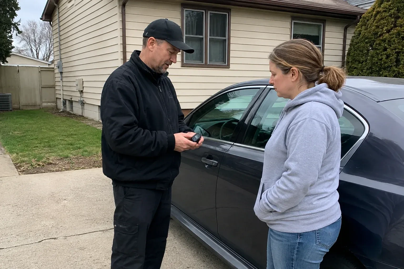 Two people standing beside a parked sedan, one wearing a cap and holding a small black device. — Vehicle Lock Repair, Georgina