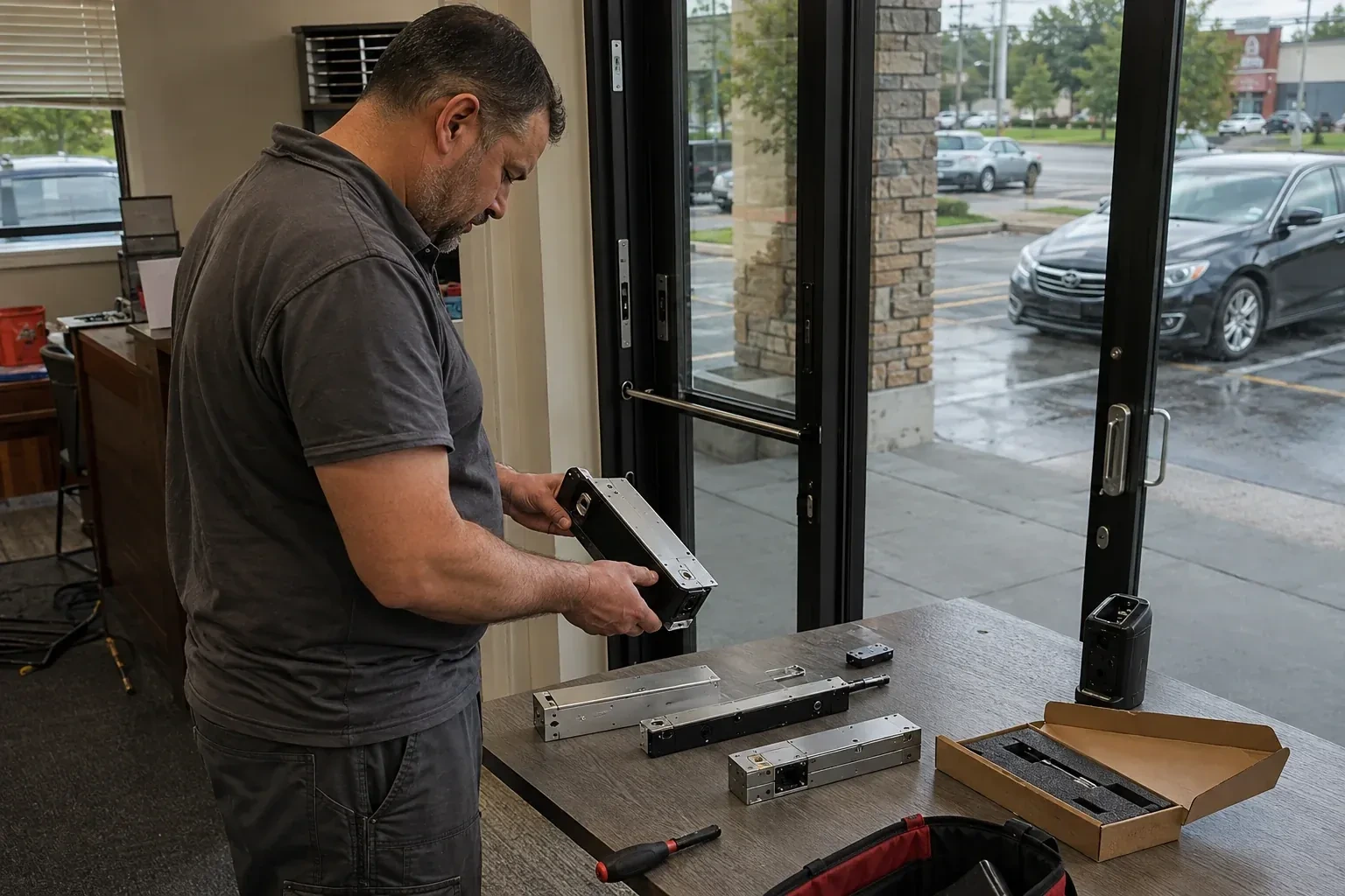Person holding a rectangular door-hardware housing at a table with additional metal assemblies beside a glass entrance. — Access Control Installation, Georgina