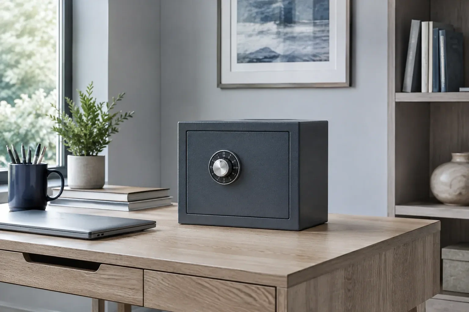Small dark safe with a combination dial on a wooden desk beside a closed laptop and books. — Safe Opening & Combination Change, Georgina