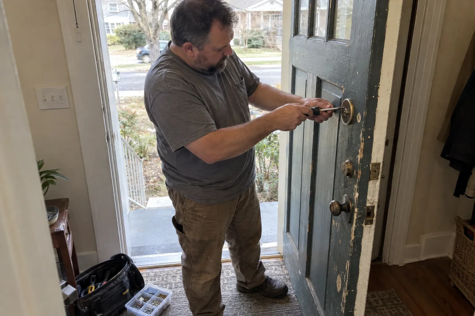 Technician using a screwdriver on the deadbolt of an open blue-gray front door, with a tool bag and screw tray nearby. — Deadbolt Installation, Georgina
