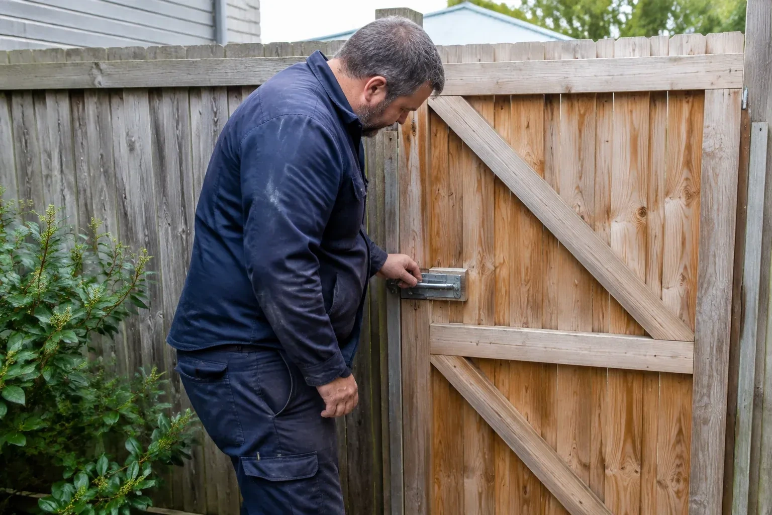 Person touching the sliding metal bolt on a wooden garden gate. — Gate & Building Entry Locks, Georgina