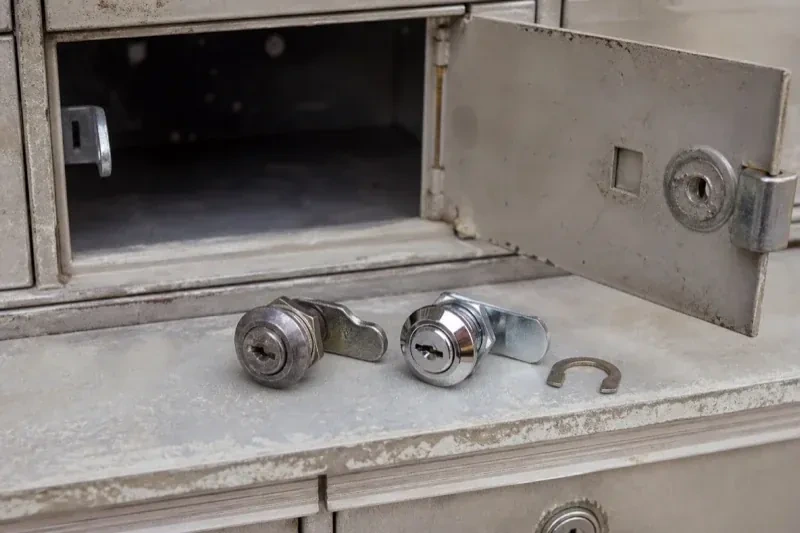 Two loose cam locks and a retaining clip resting below an open metal mailbox compartment. — Mailbox Lock Replacement, Georgina