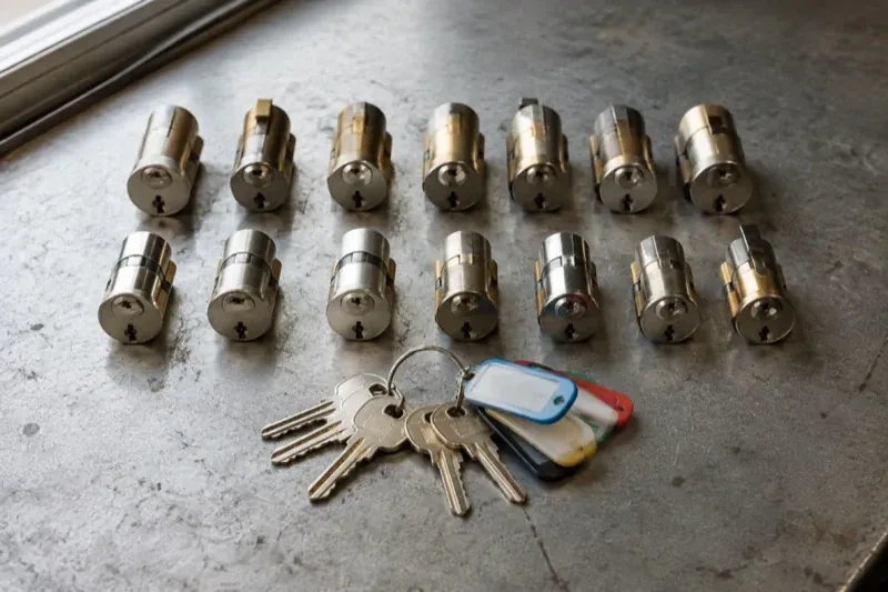 Two rows of lock cylinders on a metal surface with keys and colored key tags in front. — Master Key System Design, Georgina