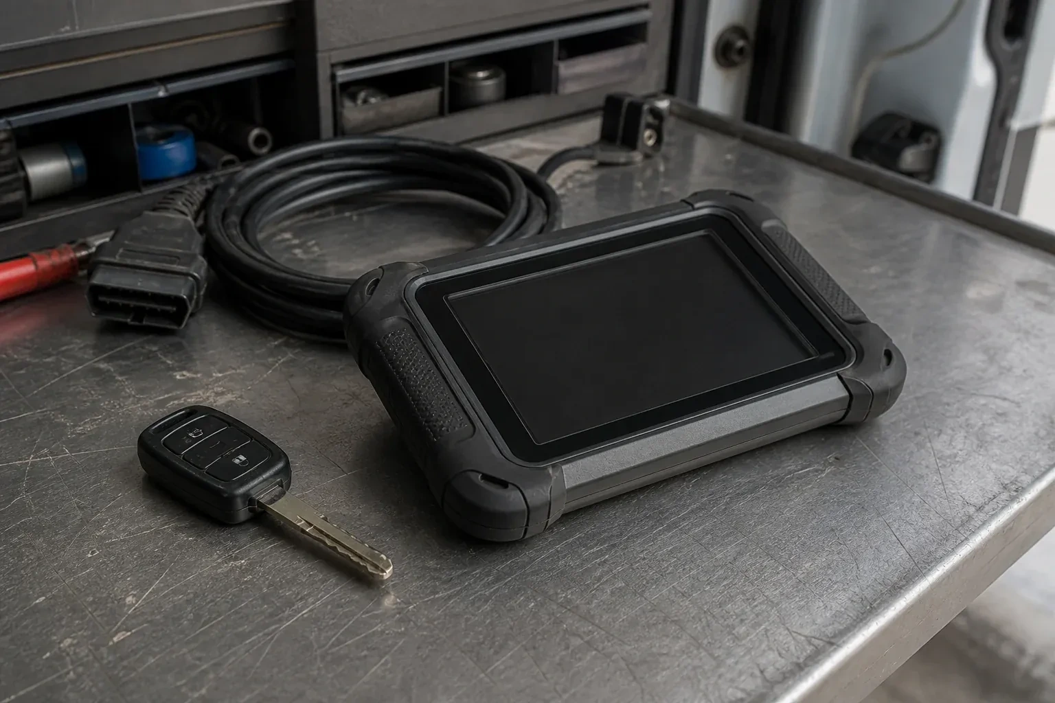 Vehicle key beside a dark diagnostic tablet and coiled connector cable on a workbench. — Transponder Key Programming, Georgina